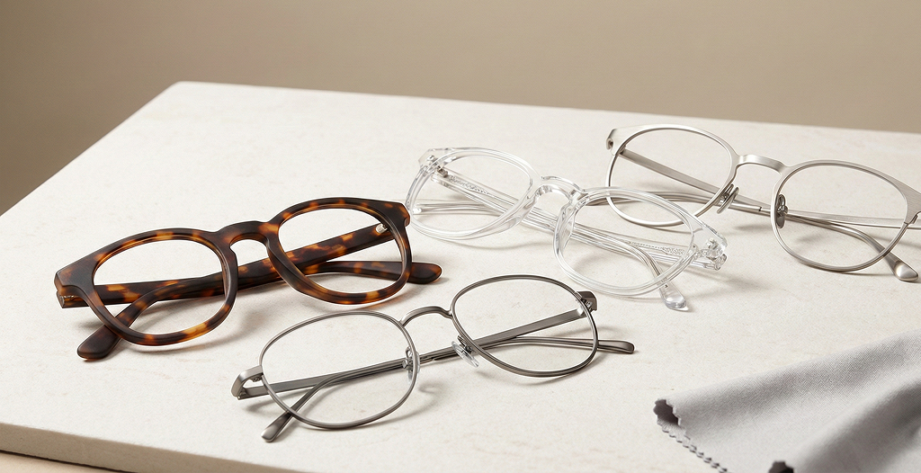 Multiple frames in different materials laid out across a table with a beige background