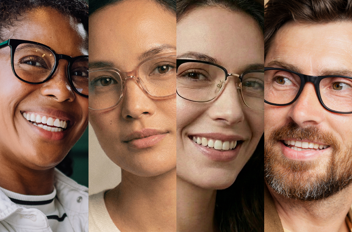 Collage of people wearing glasses with different skin tones, illustrating how frame colour looks across a range of complexions.