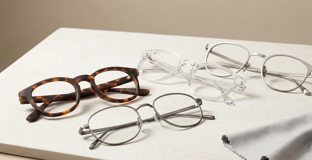 Multiple frames in different materials laid out across a table with a beige background