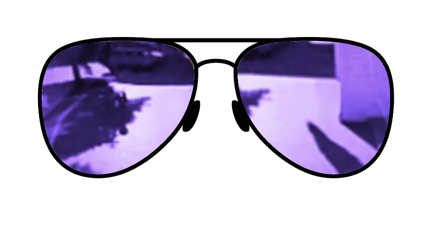 Purple mirrored sunglass lens, combining chic design with practical glare reduction