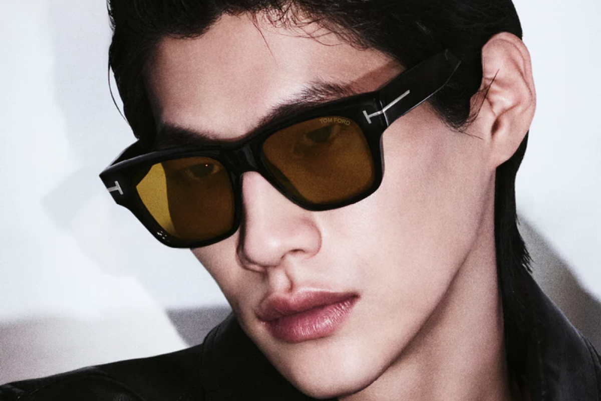 Tom Ford square havana acetate glasses with gold hardware detail