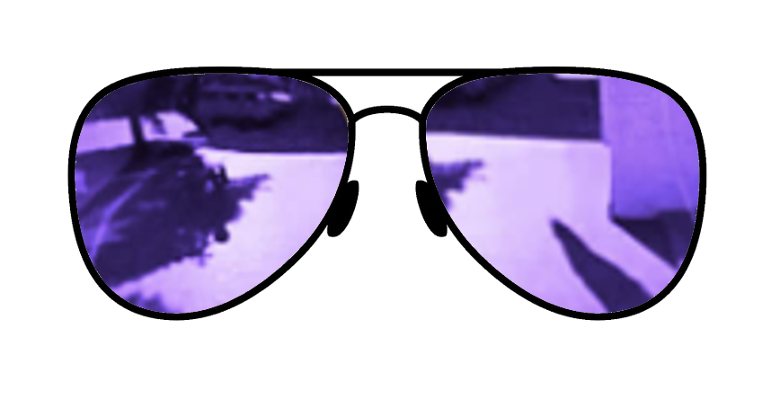 Purple mirrored sunglass lens, combining chic design with practical glare reduction